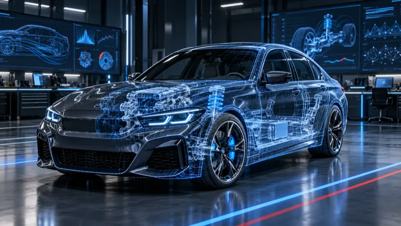 Premium sedan in a development studio with holographic diagnostic data overlay