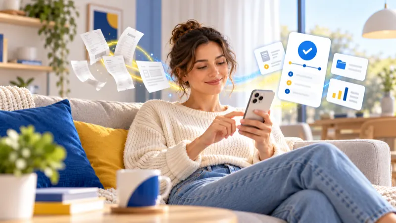 Person relaxing on a sofa while filing taxes with a smartphone app