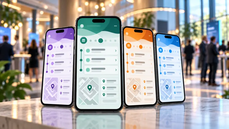 Smartphones showing an event companion app in different white-label color themes